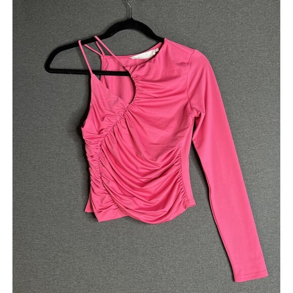 ASTR One Long Sleeve Top Blouse Pink Ruched Gathered Front Stretch Women XS - Picture 2 of 8